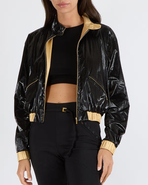 Chanel Cruise 2023 Black Shiny Bomber Jacket with Gold Trims and Zippers with Red and Gold CC Logo Button Size FR 38 (UK 10)