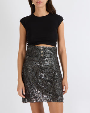 Chanel Black and Silver Metallic Pleated Mini Skirt with Back Bow and Crystal Camellia Buttons Size FR 36 (UK 8)