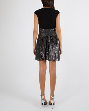 Chanel Black and Silver Metallic Pleated Mini Skirt with Back Bow and Crystal Camellia Buttons Size FR 36 (UK 8)
