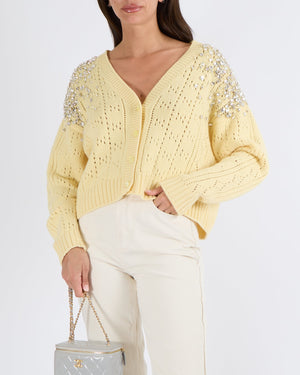 Miu Miu Pastel Yellow Cashmere Knitted Cardigan with Crystal Embellishments Size IT 40 (UK 8)