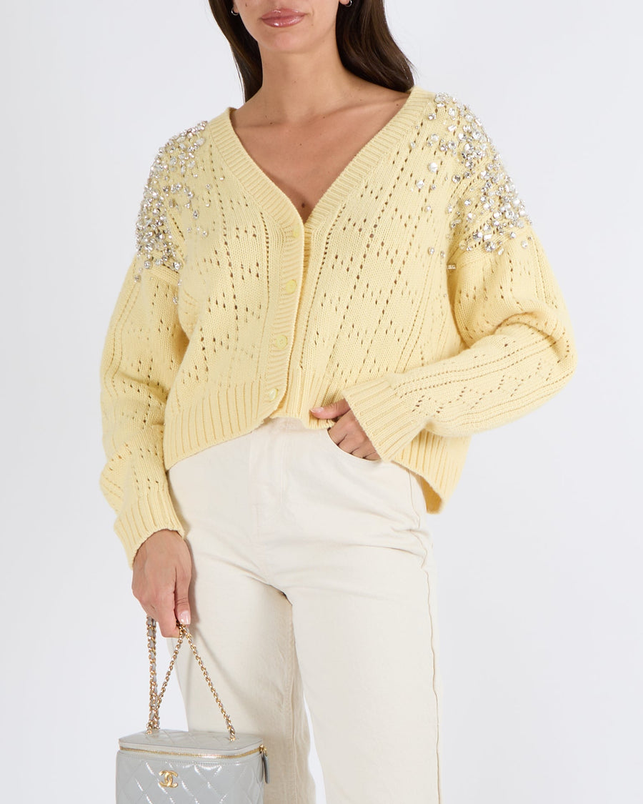Miu Miu Pastel Yellow Cashmere Knitted Cardigan with Crystal Embellishments Size IT 40 (UK 8)
