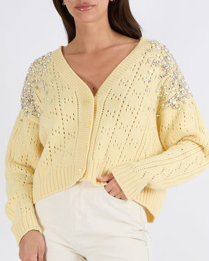 Miu Miu Pastel Yellow Cashmere Knitted Cardigan with Crystal Embellishments Size IT 40 (UK 8)