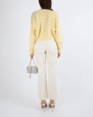 Miu Miu Pastel Yellow Cashmere Knitted Cardigan with Crystal Embellishments Size IT 40 (UK 8)