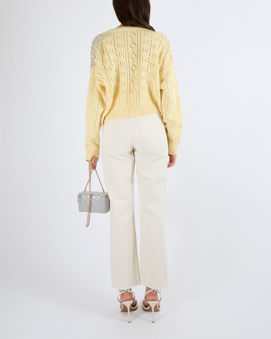 Miu Miu Pastel Yellow Cashmere Knitted Cardigan with Crystal Embellishments Size IT 40 (UK 8)