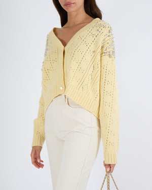 Miu Miu Pastel Yellow Cashmere Knitted Cardigan with Crystal Embellishments Size IT 40 (UK 8)