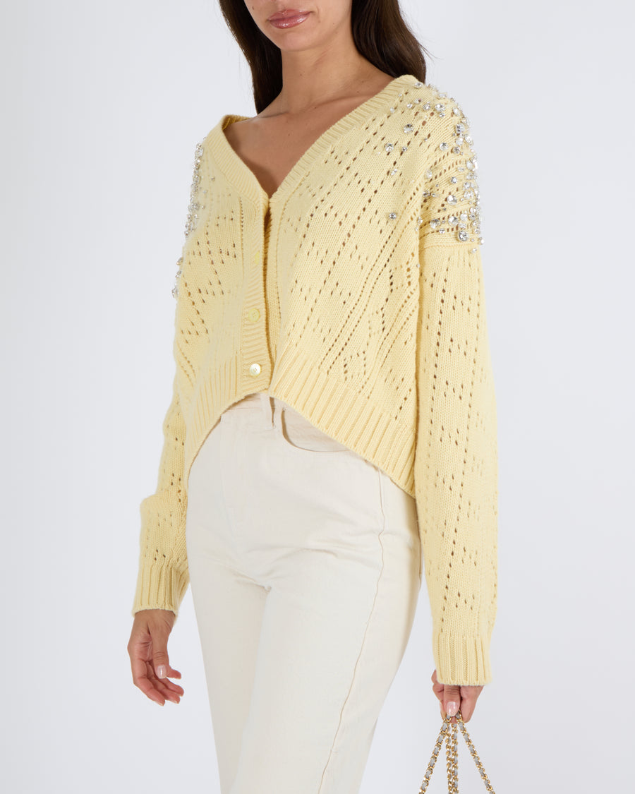 Miu Miu Pastel Yellow Cashmere Knitted Cardigan with Crystal Embellishments Size IT 40 (UK 8)