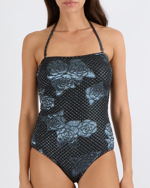 Chanel Black One-Piece Swimsuit with Blue Shimmery Quilted Pattern and Camellia Embroideries with CC Logo Details and Removable Straps Size FR 38 (UK 10)