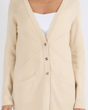 Chanel Beige Cashmere Long Cardigan with Silver CC Turnlock Buttons Size FR 40 (UK 12)