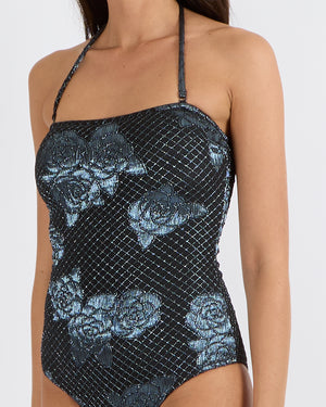 Chanel Black One-Piece Swimsuit with Blue Shimmery Quilted Pattern and Camellia Embroideries with CC Logo Details and Removable Straps Size FR 38 (UK 10)