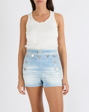 Chanel Coco Beach 2024 Light Blue Denim Mini Shorts with Textured Silver Coco CC Logo Buttons Size FR 34 (UK 6)