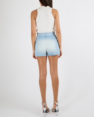 Chanel Coco Beach 2024 Light Blue Denim Mini Shorts with Textured Silver Coco CC Logo Buttons Size FR 34 (UK 6)