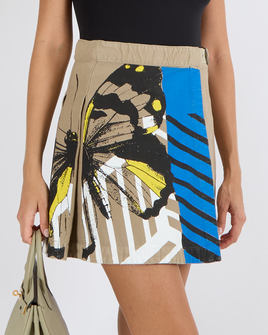 Christian Dior SS22 Beige Denim Cargo Wrap Skirt with Multi-Colour Butterfly Print and Solver Buckle Detail Size FR 36 (UK 8)