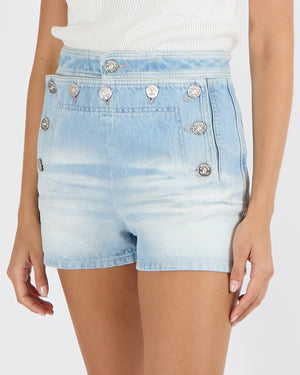 Chanel Coco Beach 2024 Light Blue Denim Mini Shorts with Textured Silver Coco CC Logo Buttons Size FR 34 (UK 6)