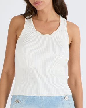 Chanel White Ribbed Sleeveless Tank Top with Ruffled Hems and Front Pockets with Transparent and White CC Logo Button Detail Size FR 34 (UK 6)