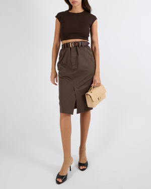 Saint Laurent Brown Denim Midi Skirt with Leather Belt with Gold Buckle and Back Pockets Size 26 (UK 8) RRP £1,700
