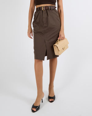 Saint Laurent Brown Denim Midi Skirt with Leather Belt with Gold Buckle and Back Pockets Size 26 (UK 8) RRP £1,700