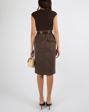 Saint Laurent Brown Denim Midi Skirt with Leather Belt with Gold Buckle and Back Pockets Size 26 (UK 8) RRP £1,700