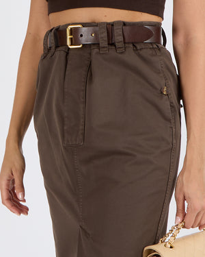Saint Laurent Brown Denim Midi Skirt with Leather Belt with Gold Buckle and Back Pockets Size 26 (UK 8) RRP £1,700