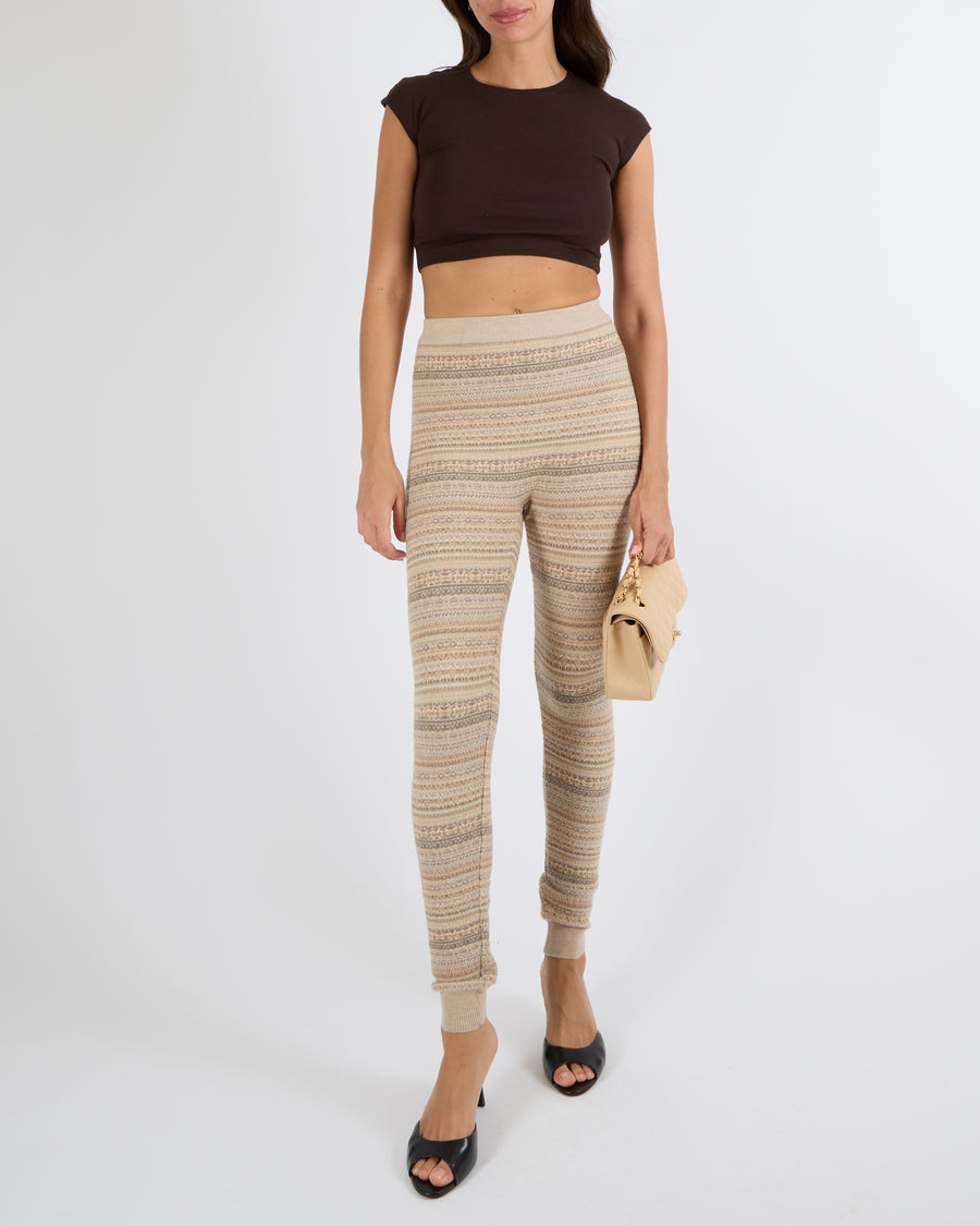 Loro Piana Beige Wool Knit Striped Leggings with Ribbed Waistband Size S (UK 8)