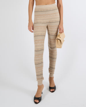 Loro Piana Beige Wool Knit Striped Leggings with Ribbed Waistband Size S (UK 8)