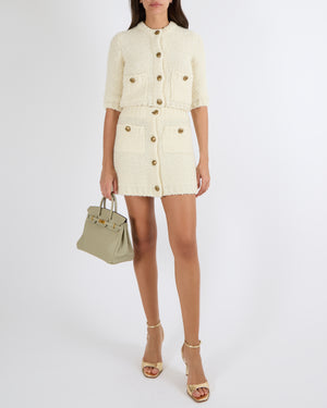 Prada Cream Wool Knitted Cardigan and Mini Skirt Set with Gold Logo Buttons Size IT 38 (UK 6) RRP £2,800
