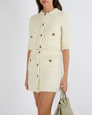 Prada Cream Wool Knitted Cardigan and Mini Skirt Set with Gold Logo Buttons Size IT 38 (UK 6) RRP £2,800