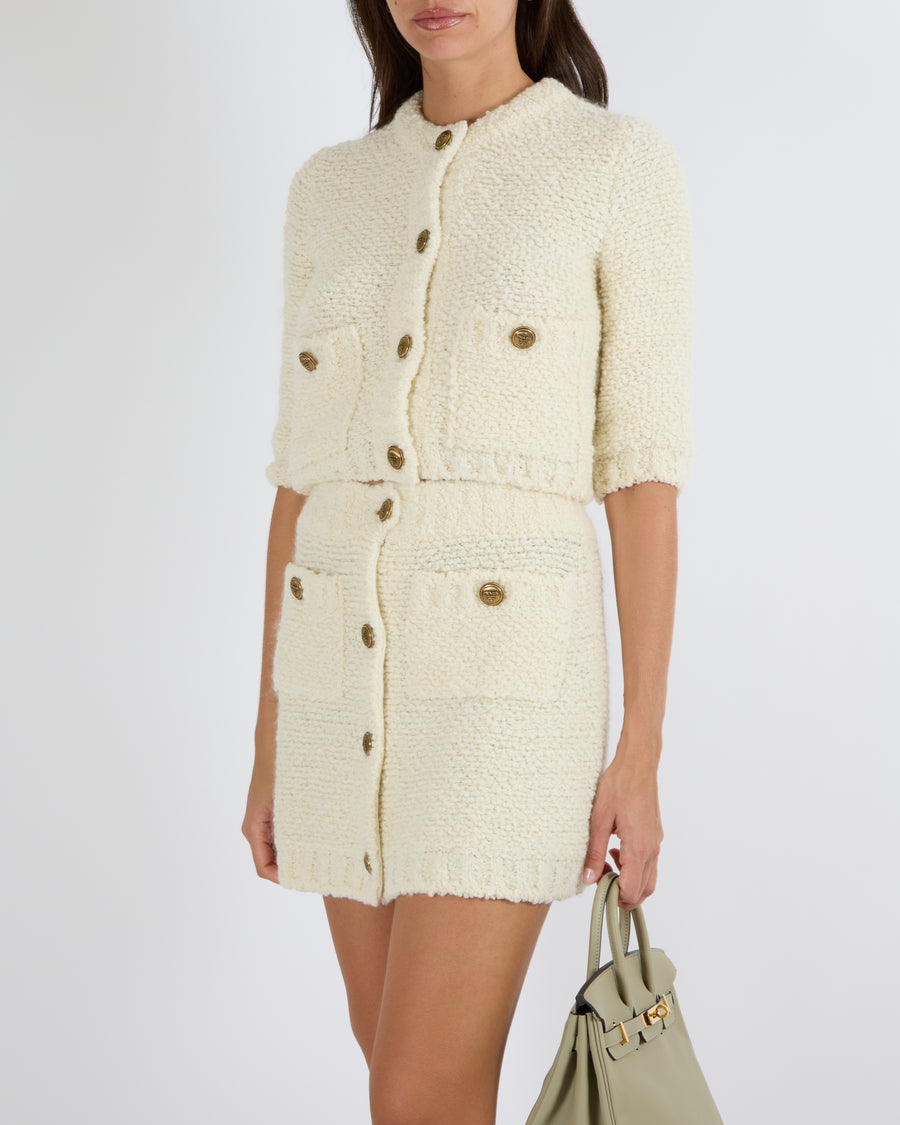 Prada Cream Wool Knitted Cardigan and Mini Skirt Set with Gold Logo Buttons Size IT 38 (UK 6) RRP £2,800