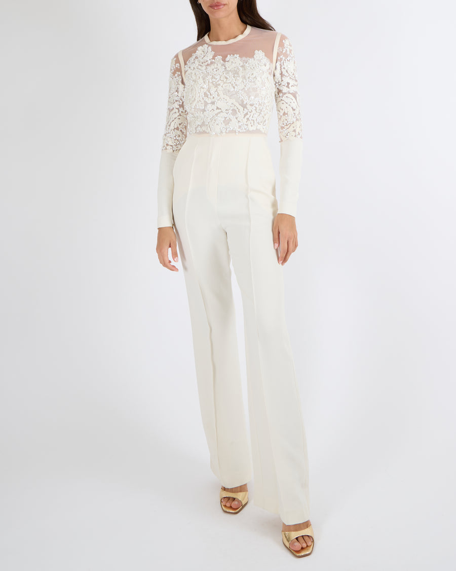 Elie Saab White Jumpsuit with Embellished Tulle Top Size FR 34 (UK 6)