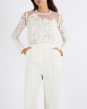 Elie Saab White Jumpsuit with Embellished Tulle Top Size FR 34 (UK 6)