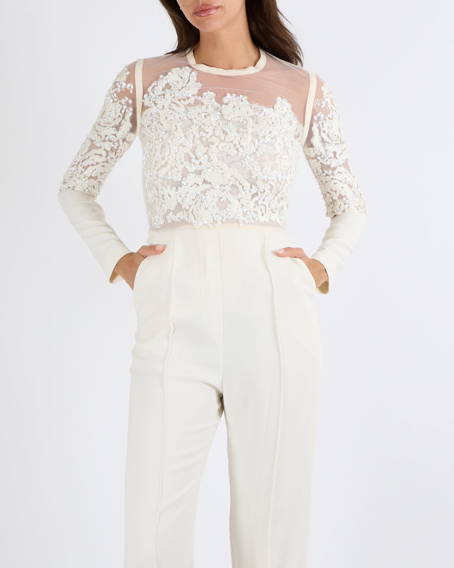Elie Saab White Jumpsuit with Embellished Tulle Top Size FR 34 (UK 6)