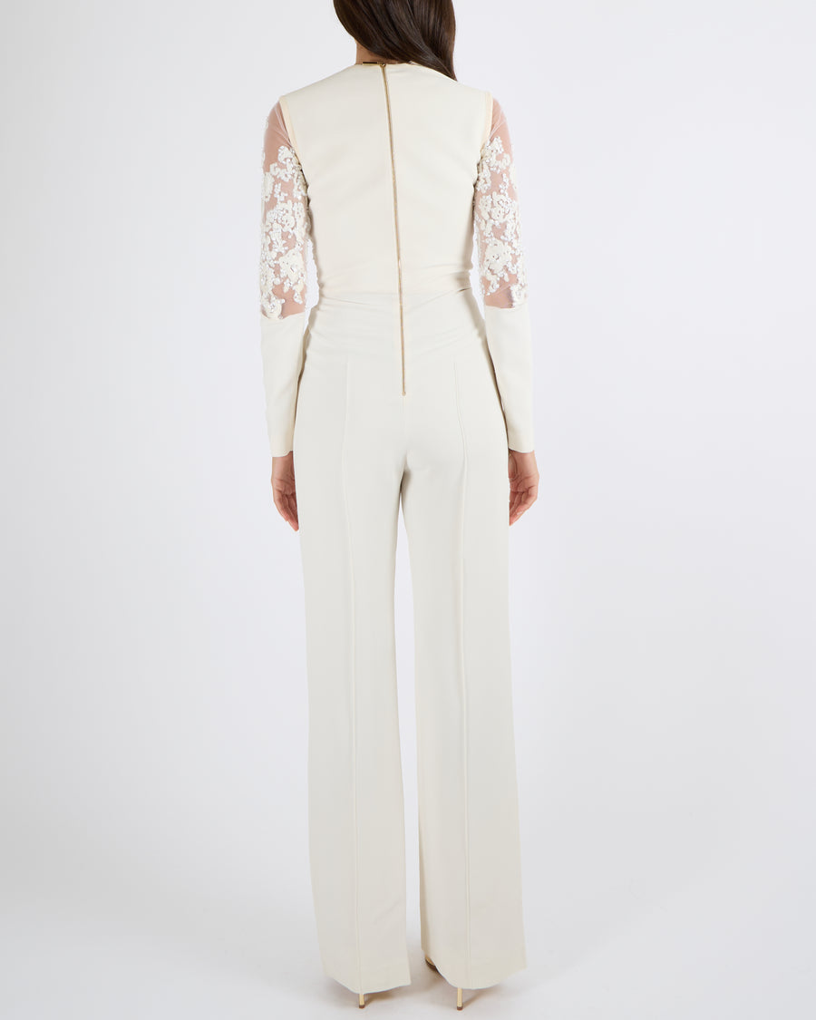 Elie Saab White Jumpsuit with Embellished Tulle Top Size FR 34 (UK 6)