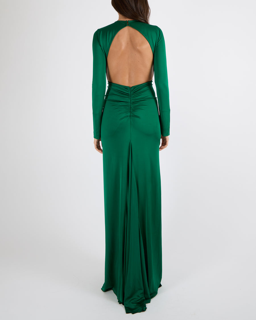 Victoria Beckham Resort 2024 Green Gathered Gown Dress with Open-Back Size XS (UK 6) RRP £1,200
