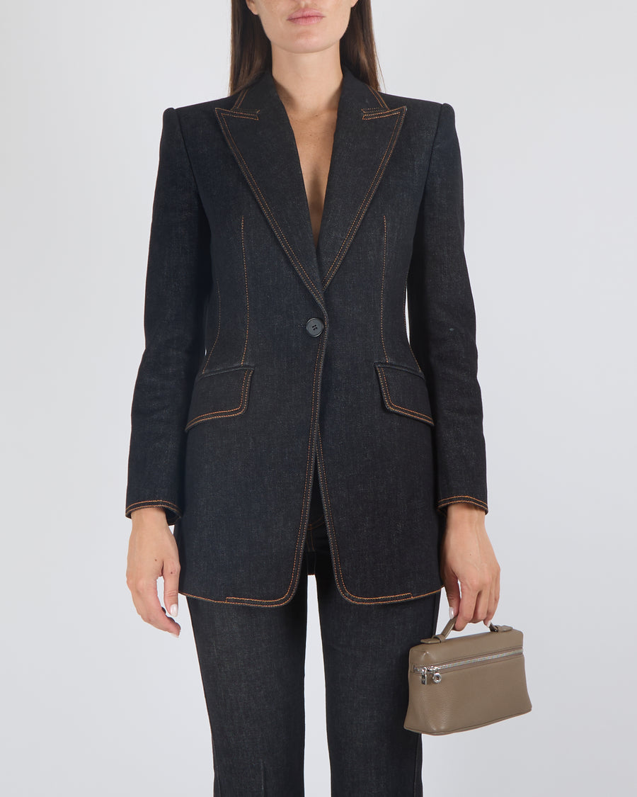 Alexander McQueen Dark Blue Denim Blazer Jacket and Flared Jeans Suit Set Size IT 40 (UK 8)