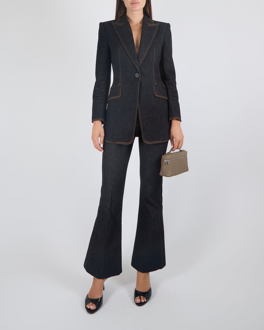 Alexander McQueen Dark Blue Denim Blazer Jacket and Flared Jeans Suit Set Size IT 40 (UK 8)