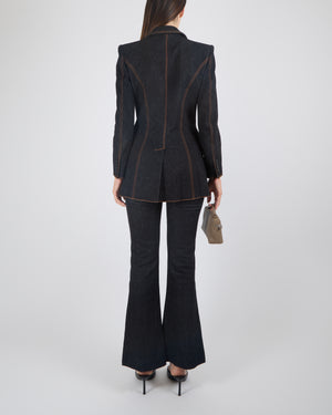Alexander McQueen Dark Blue Denim Blazer Jacket and Flared Jeans Suit Set Size IT 40 (UK 8)