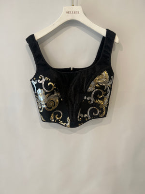 Versace Black Shimmery Corset Crop Top with Gold and Silver Metallic Baroque Prints and Gold Zipper Detail Size IT 44 (UK 12)