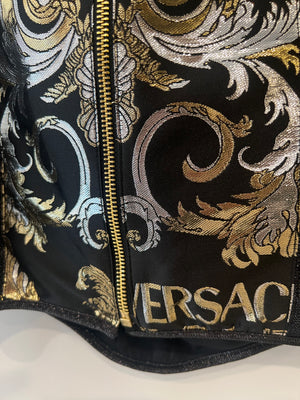 Versace Black Shimmery Corset Crop Top with Gold and Silver Metallic Baroque Prints and Gold Zipper Detail Size IT 44 (UK 12)
