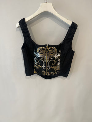 Versace Black Shimmery Corset Crop Top with Gold and Silver Metallic Baroque Prints and Gold Zipper Detail Size IT 44 (UK 12)