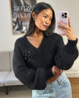 Alessandra Rich Black Mohair Long-Sleeve Cropped Jumper with Embellished Flower Detail IT 40 (UK 8)