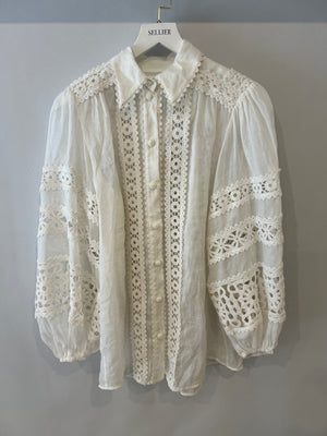 Zimmermann White Ramie Blouse with Puff Sleeves and Lace Detail Size UK 8