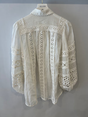 Zimmermann White Ramie Blouse with Puff Sleeves and Lace Detail Size UK 8