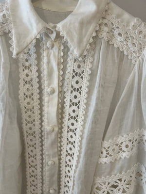 Zimmermann White Ramie Blouse with Puff Sleeves and Lace Detail Size UK 8