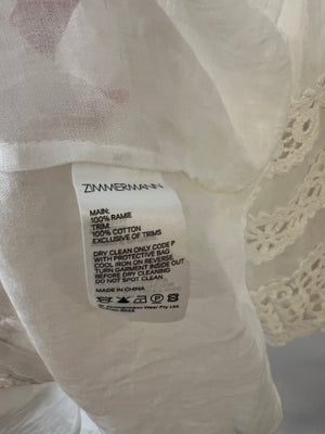 Zimmermann White Ramie Blouse with Puff Sleeves and Lace Detail Size UK 8