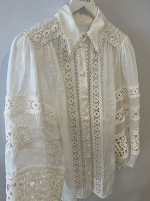 Zimmermann White Ramie Blouse with Puff Sleeves and Lace Detail Size UK 8