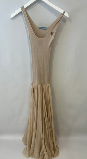 Prada Beige Knitted Silk Organza Midi Dress with Logo Print Size IT 36 (UK 4)
