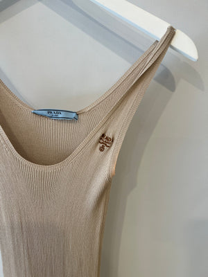 Prada Beige Knitted Silk Organza Midi Dress with Logo Print Size IT 36 (UK 4)