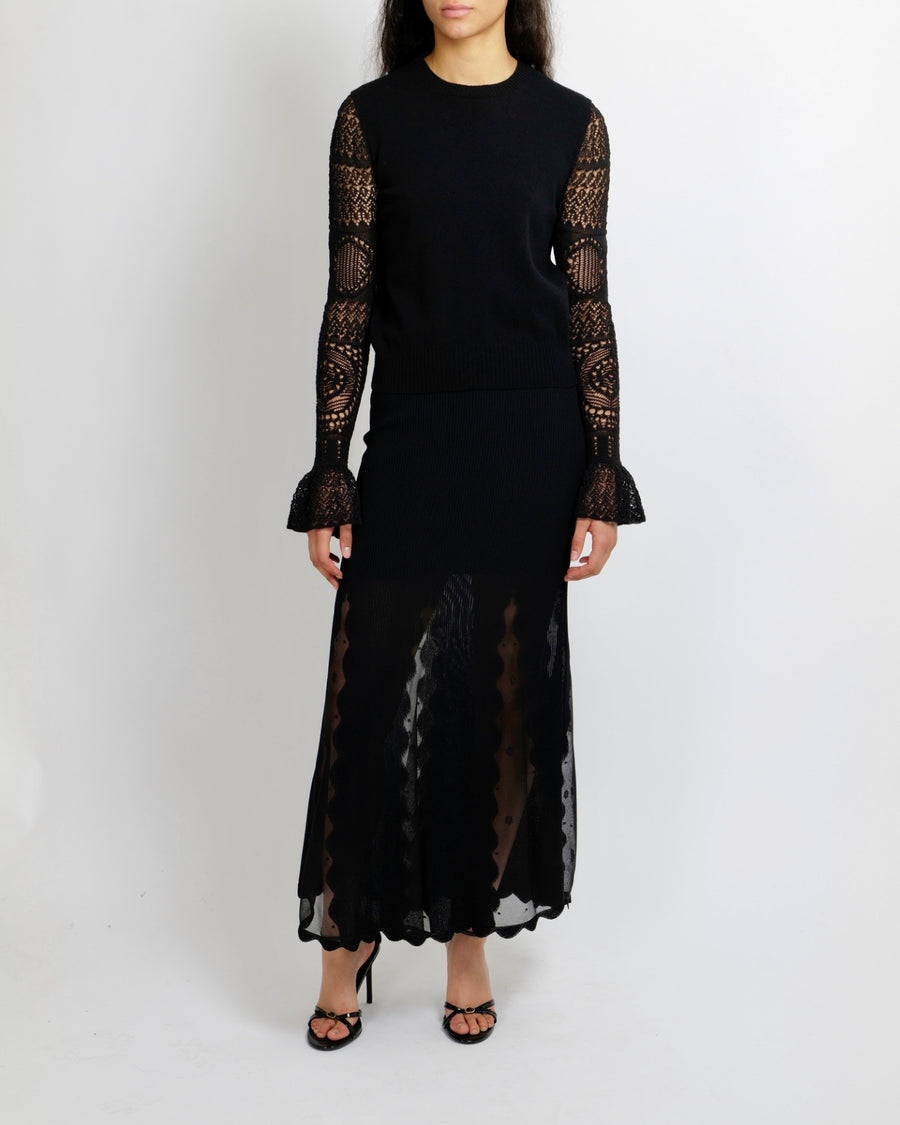 Alexander McQueen Black Ribbed Maxi Skirt with Sheer Tulle Inserts and Scalloped Trim Detail Size S (UK 8) RRP £1,750