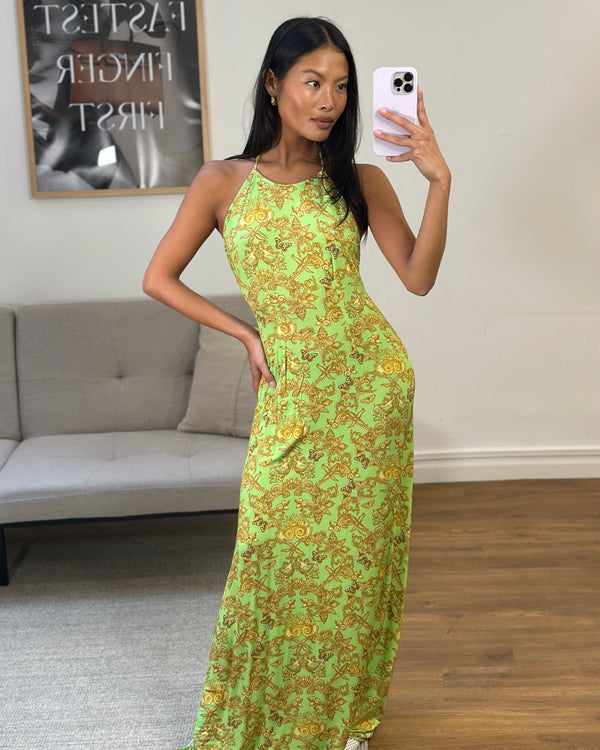 Versace Green Backless Maxi Beach Dress with Gold Prints and Logo Detail IT 42 (UK 10)