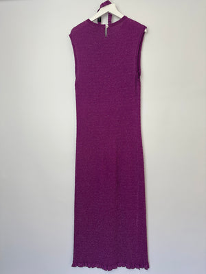 Chanel Purple Metallic Knit Sleeveless Midi Dress with Logo Button Detail and CC Logo Waist Belt Size FR 36 (UK 8)