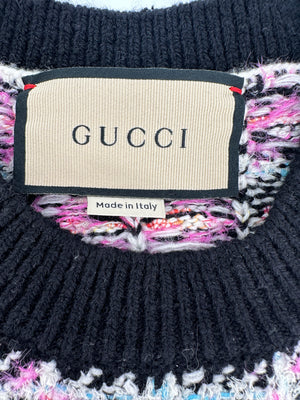 Gucci Black, Pink and White Tweed Logo Knit Short Sleeve Dress with Pocket Detail and Gold Logo Buttons Size S (UK 8)